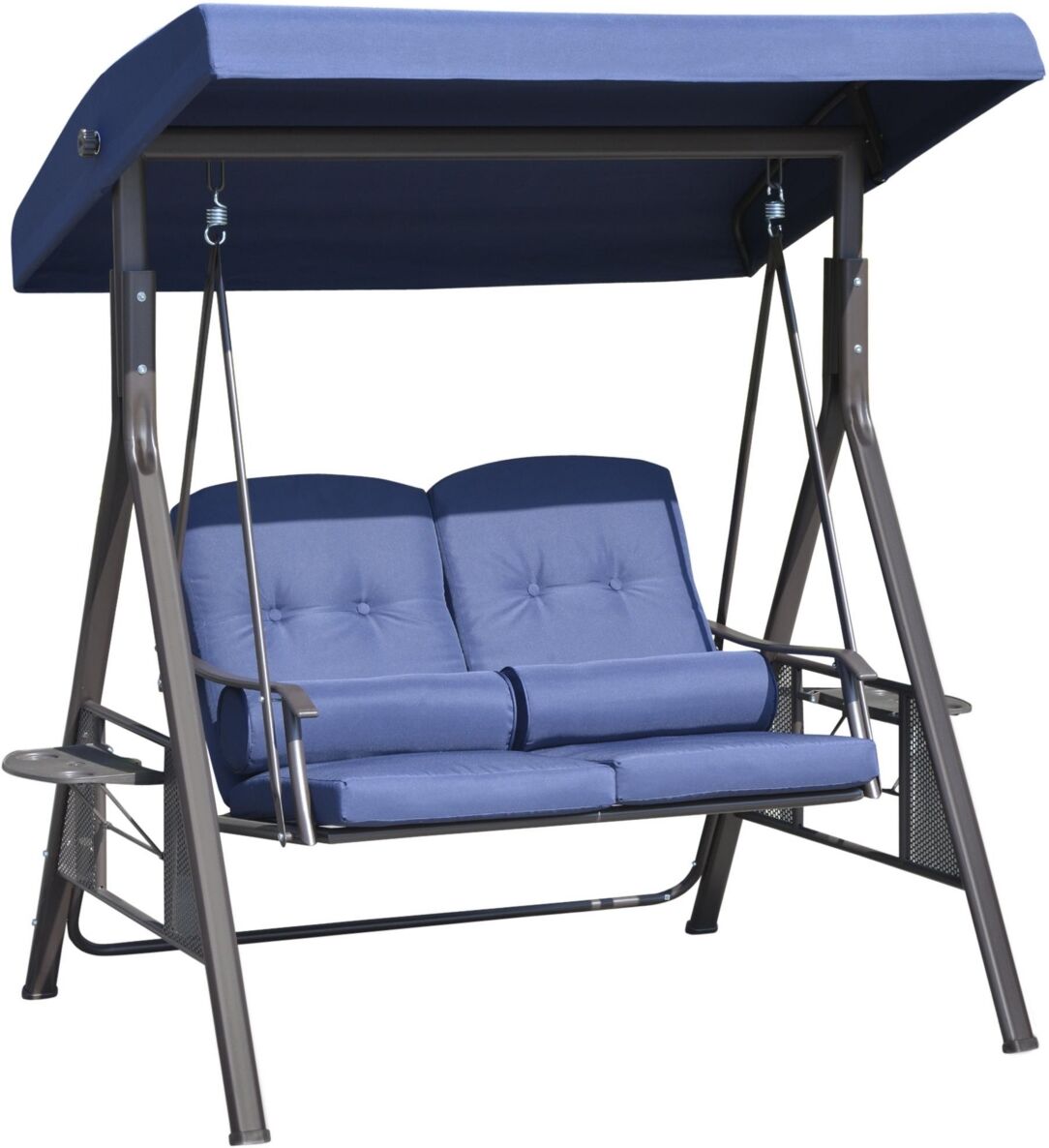 Outsunny 2-Person Patio Swing Bench with Adjustable Shade Canopy, Soft Cushions, Throw Pillows & Tray, Dark Blue - Dark Blue