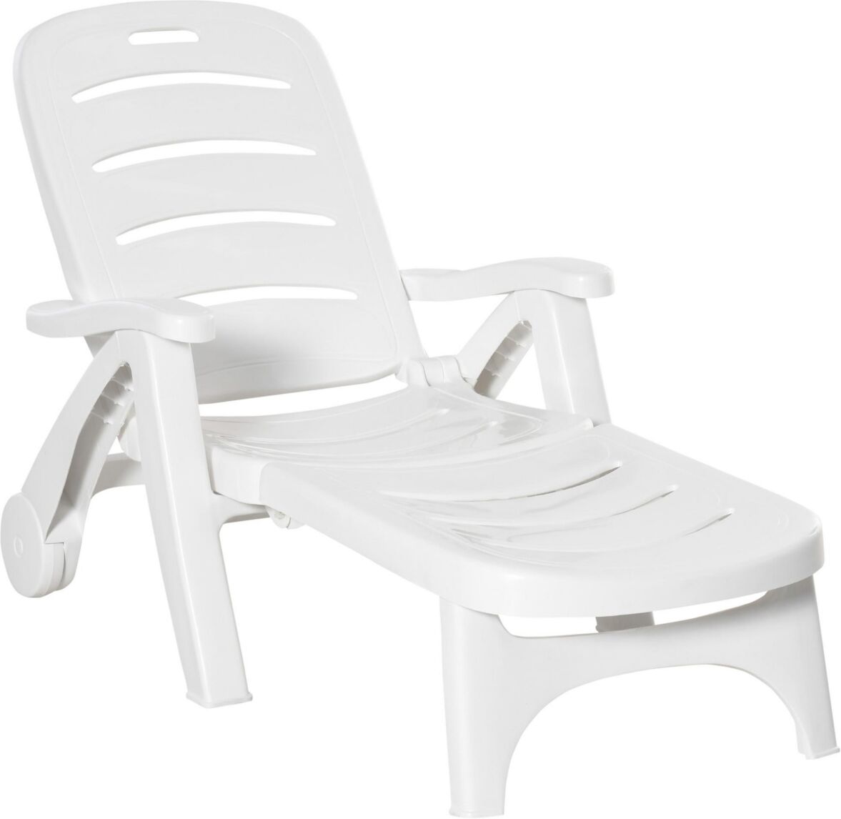 Outsunny Folding Chaise Lounge Chair on Wheels, Lightweight Plastic Patio Sun Recliner with 5 Position Backrest for Beach & Pool, White - White