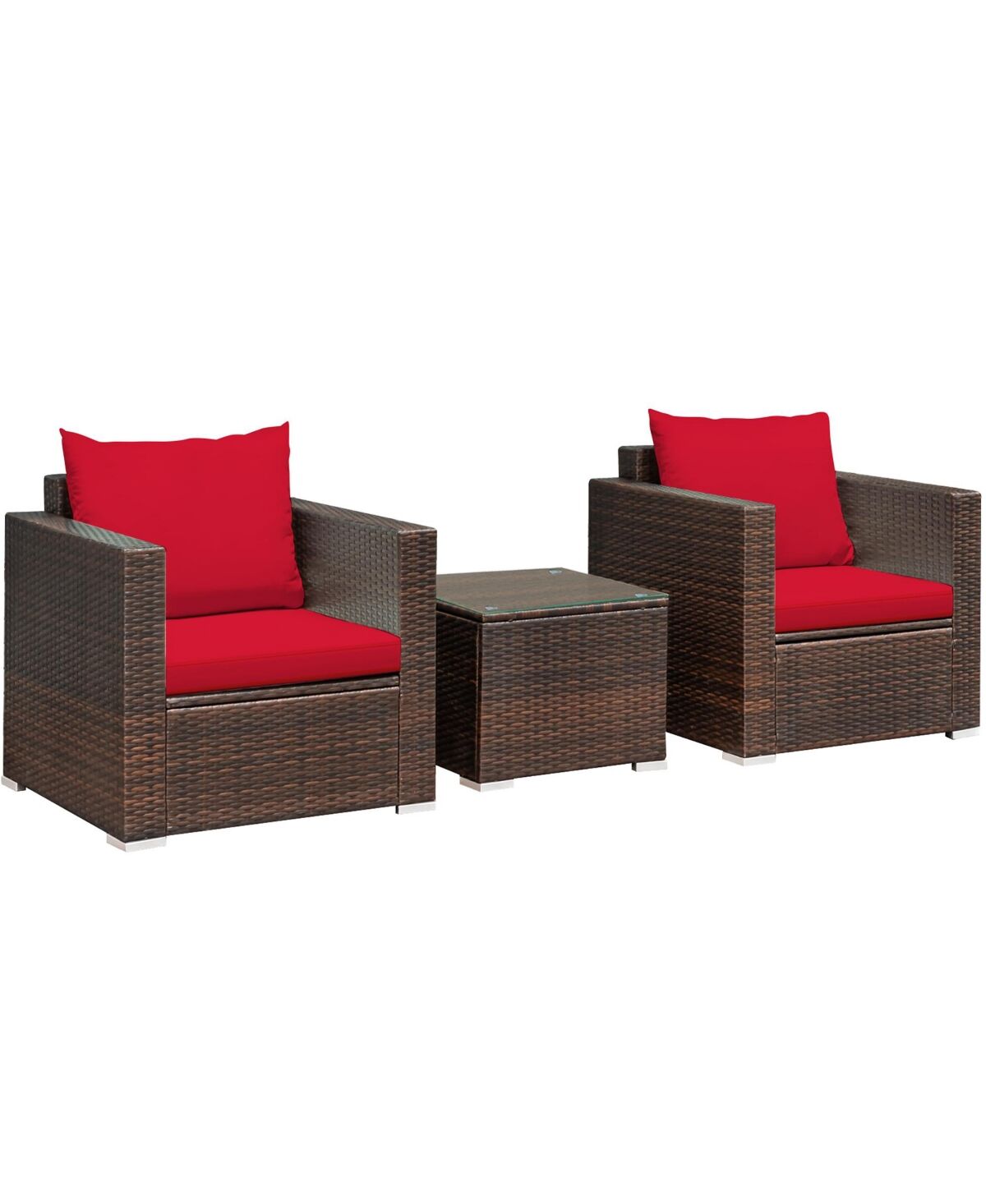 Costway 3PCS Patio Rattan Furniture Set Conversation Sofa Cushioned - Red