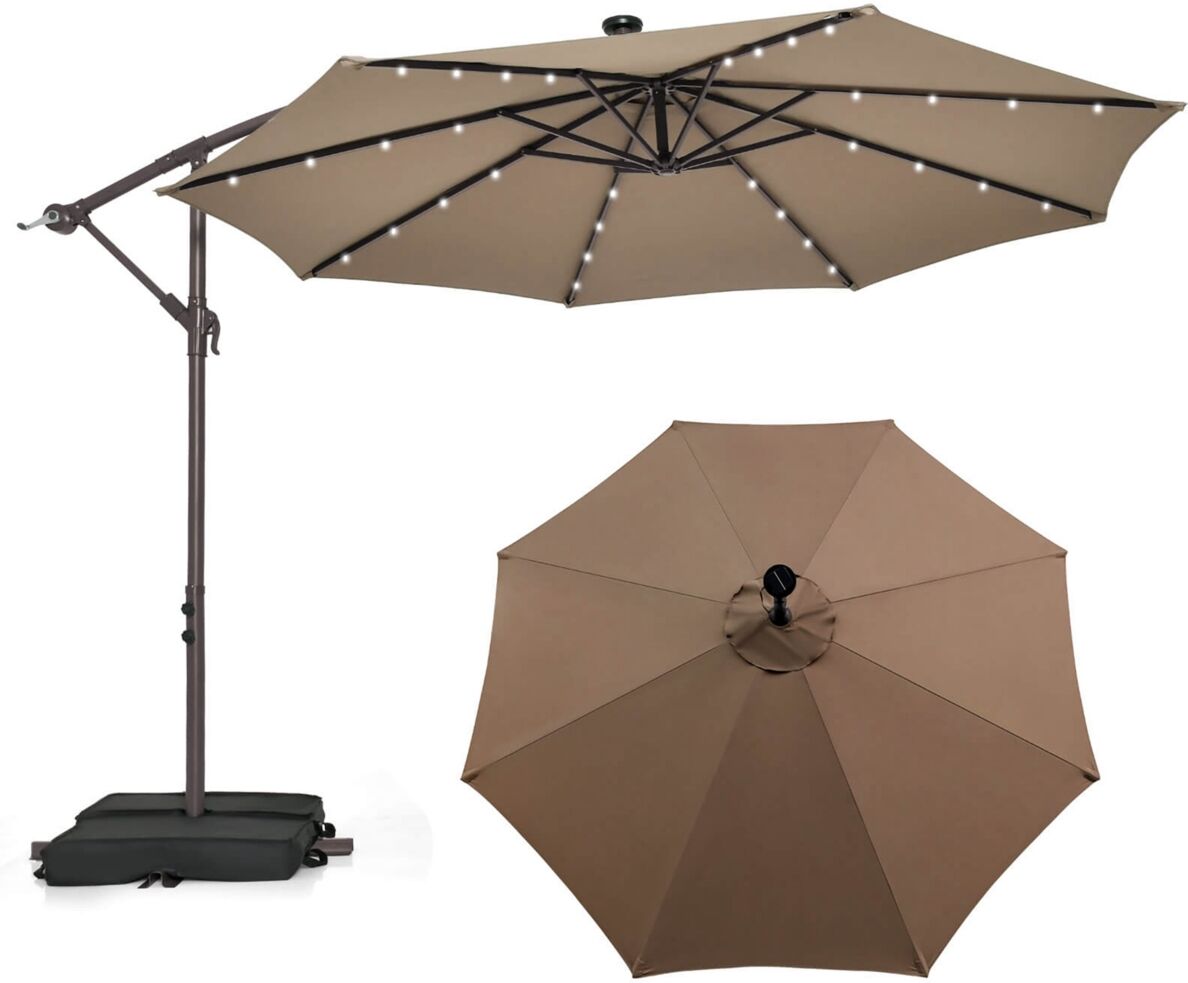 Costway Patio 10FT Hanging Offset Umbrella 32 Led Lights Sand Bag Outdoor Cross Base - Brown