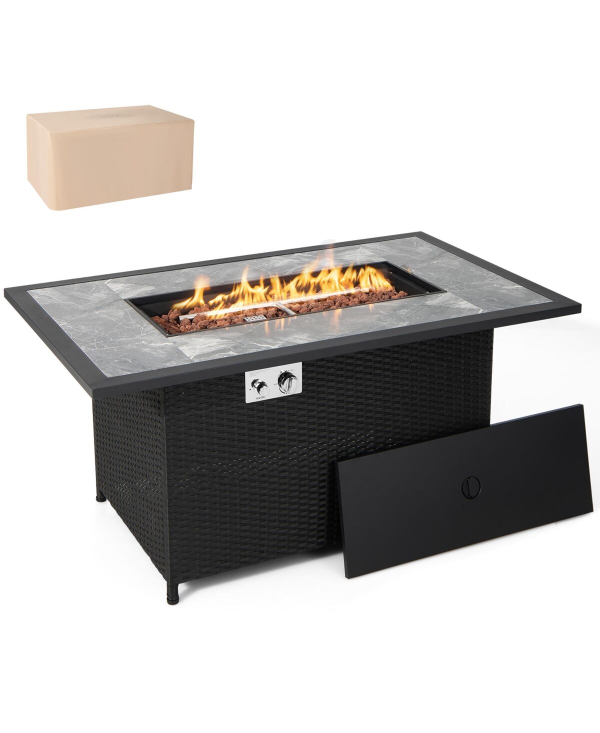 Costway 52'' Propane Fire Pit Table Marble Tabletop Rattan Wicker w/ Rain Cover Lava Rock - Black