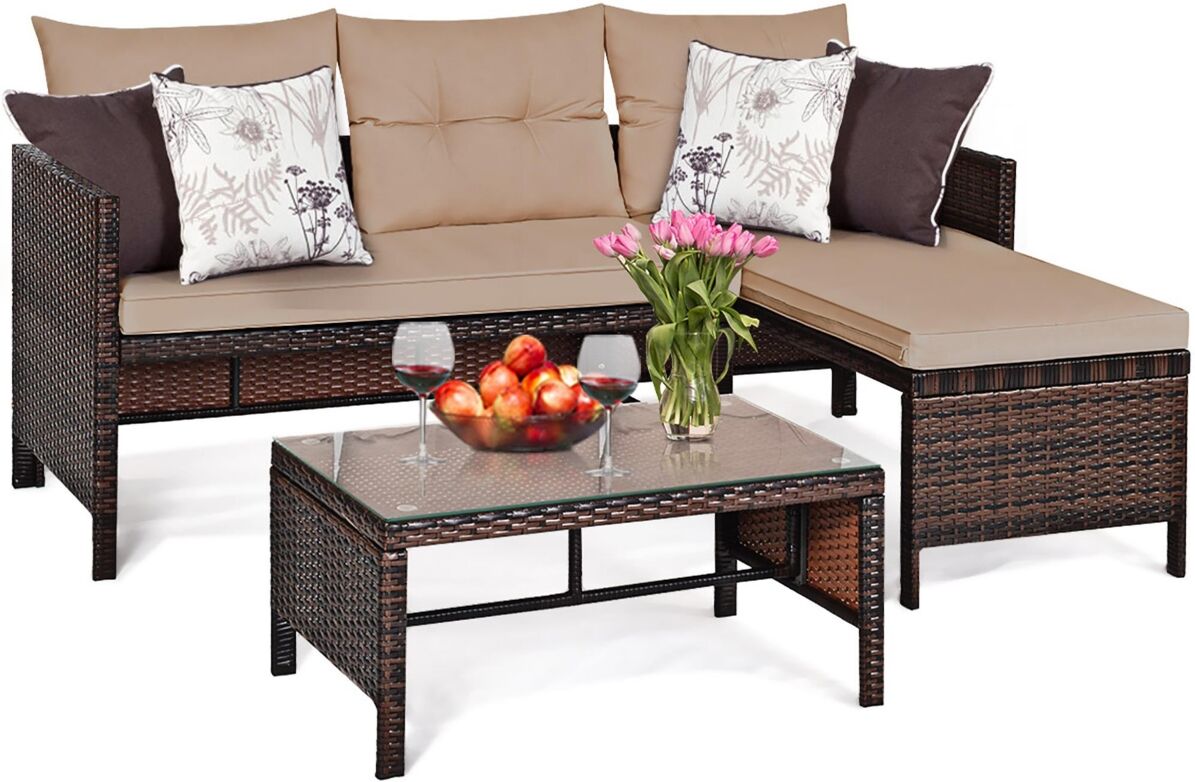 Costway 3PCS Patio Wicker Rattan Sofa Set Outdoor Sectional Conversation Set Garden Lawn - Brown