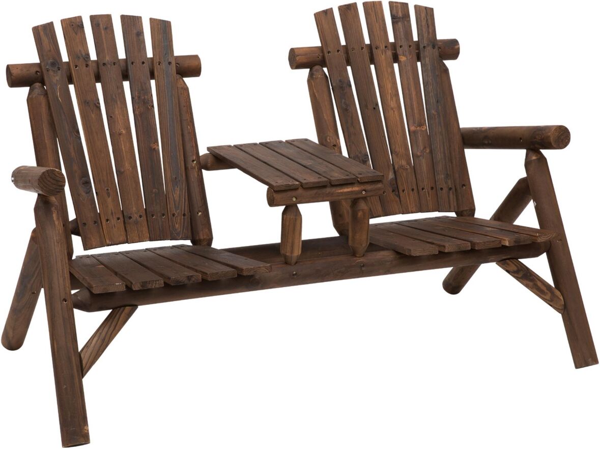 Outsunny Wooden Adirondack Chairs, Outdoor Double Seat Bench with Center Table for Patio, Backyard, Deck, Fire Pit, Carbonized - Brown