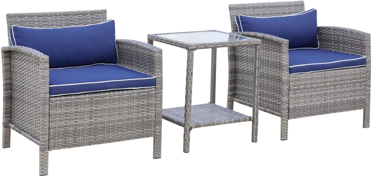 Outsunny Patio Porch Furniture Set 3 Piece Pe Rattan Wicker Chairs with 2-Tier Shelf Table, Arm Rests, Cushions, Pillows, Tempered Glass Tabletop, Con