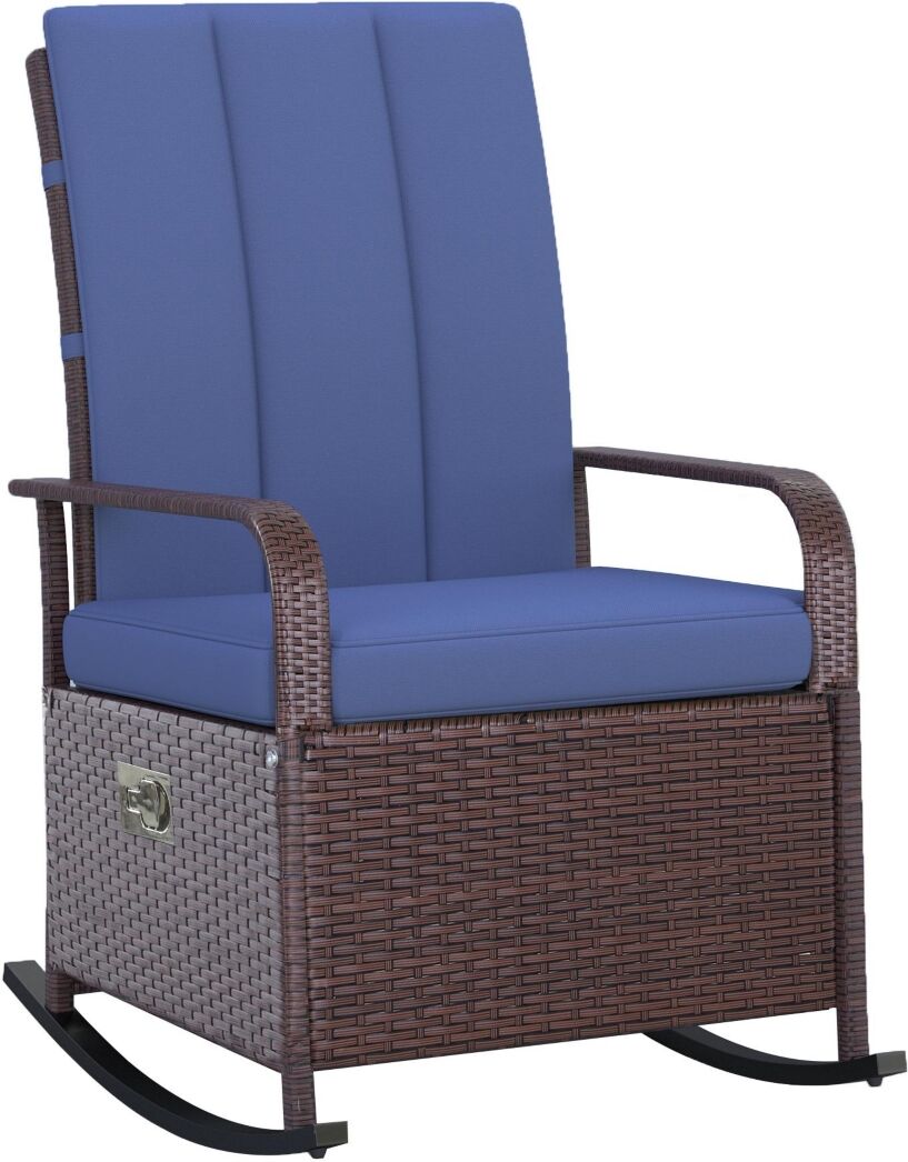 Outsunny Outdoor Rattan Wicker Rocking Chair Patio Recliner with Soft Cushion, Adjustable Footrest, Max. 135 Degree Backrest, Blue - Mixed brown/dark