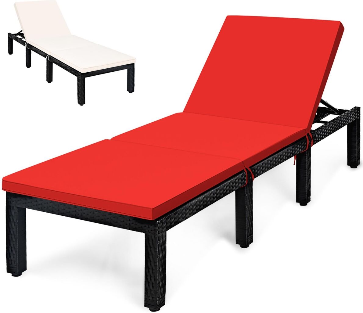 Costway Patio Rattan Lounge Chair Chaise Recliner Adjust Cushion - Red