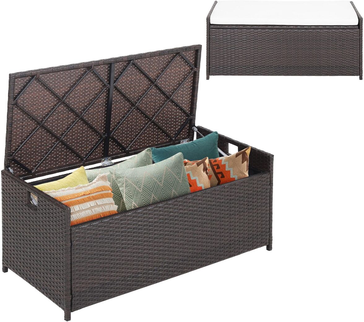 Costway 34 Gallon Patio Wicker Storage Deck Box W/Cushion Backyard - Brown