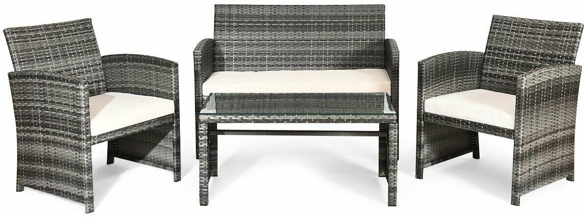 Costway 4PCS Rattan Patio Furniture Set Garden Lawn Sofa Cushioned Seat - Grey