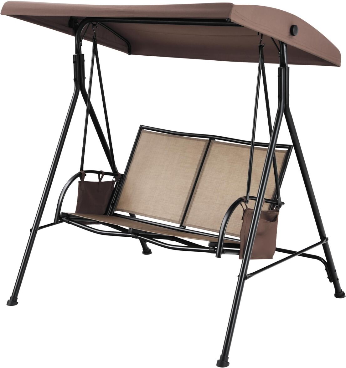 Costway 2 Seat Patio Porch Swing with Adjustable Canopy Storage Pockets - Brown