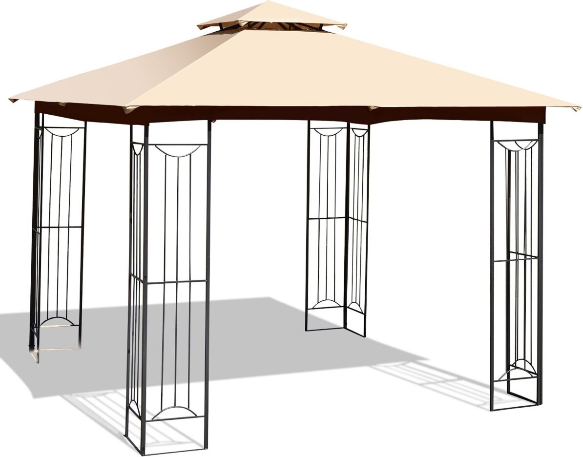 Costway 10' x 10' Patio Canopy Gazebo Outdoor 2-Tier Steel Tent Heavy-Duty L-Shaped - Beige/khaki