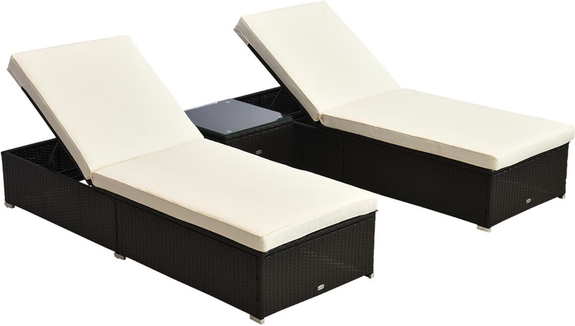 Outsunny Wicker Patio Lounge Chair Set, Outdoor Chaise Lounge Sets w/ 5-Level Angles Adjust Backrest, Thick Cushions, & Matching Table, for Pool Side,