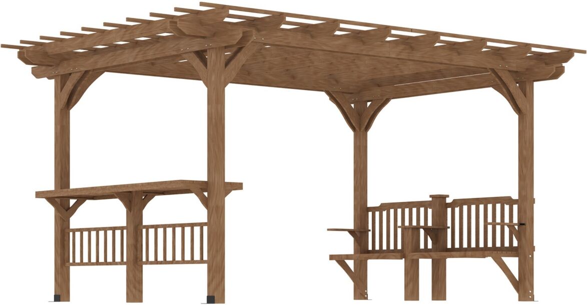 Outsunny 14' x 10' Outdoor Pergola, Wooden Grill Gazebo with Bar Counters and Seating Benches, for Garden, Patio, Backyard, Deck - Brown