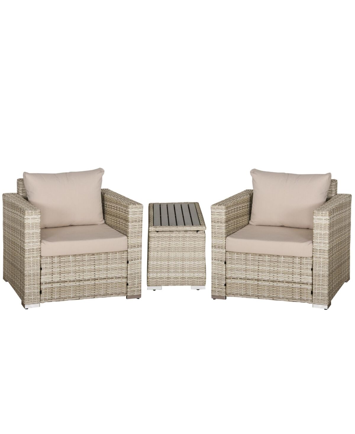 Outsunny 3-Piece Pe Rattan Wicker Sofa Sets Outdoor Armchair Sofa Furniture Set w/ Plastic Wood Grain Side Table and Washable Cushions, Grey - Grey