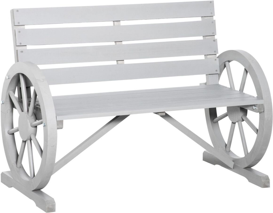 Outsunny Wooden Wagon Wheel Bench, Rustic Outdoor Patio Furniture, 2-Person Seat Bench with Backrest, Light Grey - Charcoal grey