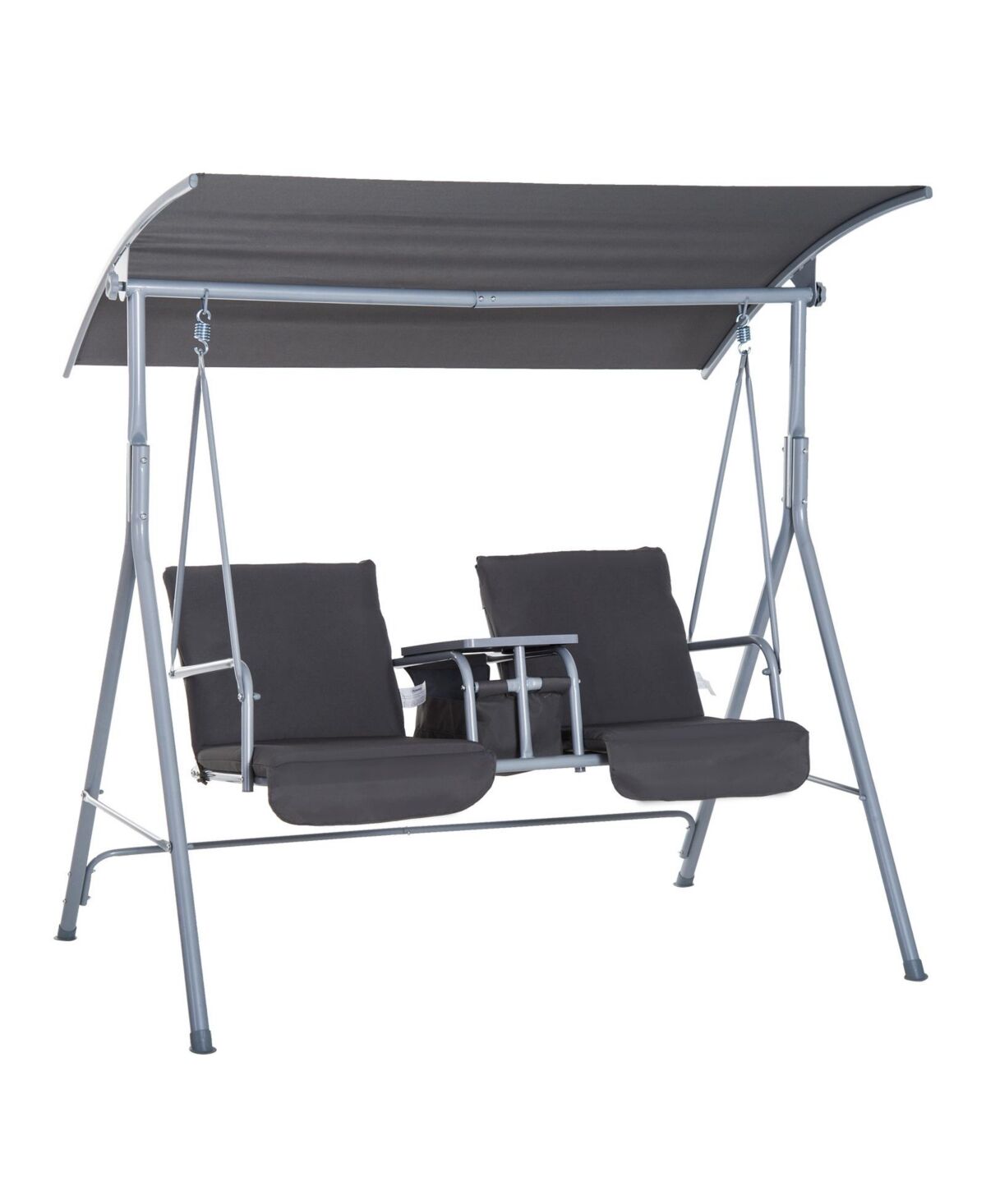 Outsunny 2 Person Porch Covered Swing Outdoor with Canopy, Table and Storage Console, Grey - Grey