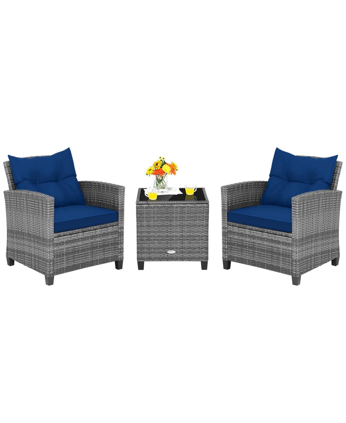Costway 3PCS Patio Rattan Furniture Bistro Set Cushioned Sofas Side Table Armrest - Navy