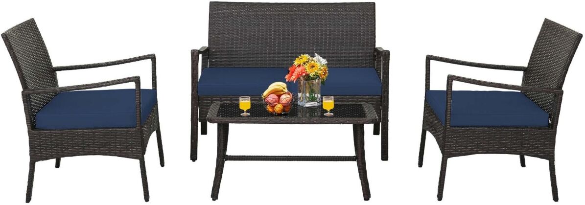 Costway 4PCS Patio Rattan Wicker Furniture Set Cushioned Sofa Armrest Coffee Table - Navy