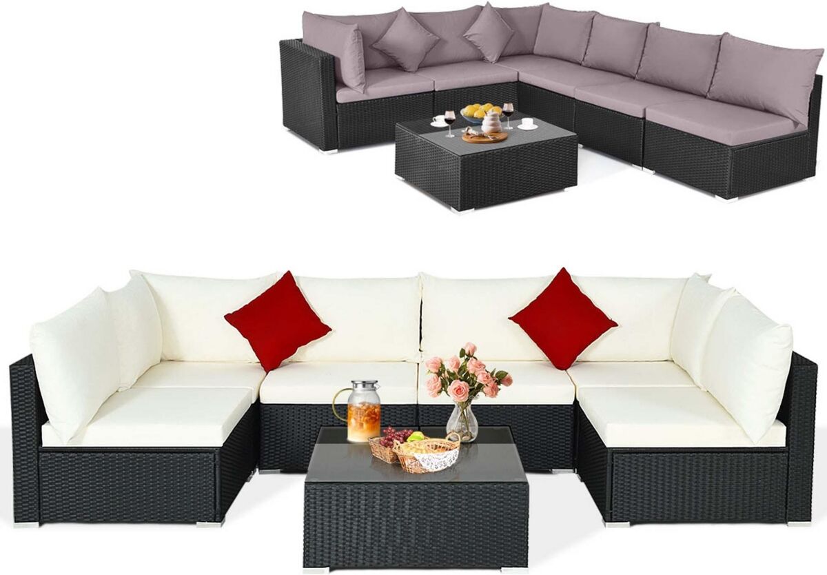 Costway 7PCS Patio Rattan Furniture Set Sectional Sofas Cushion Covers - Grey