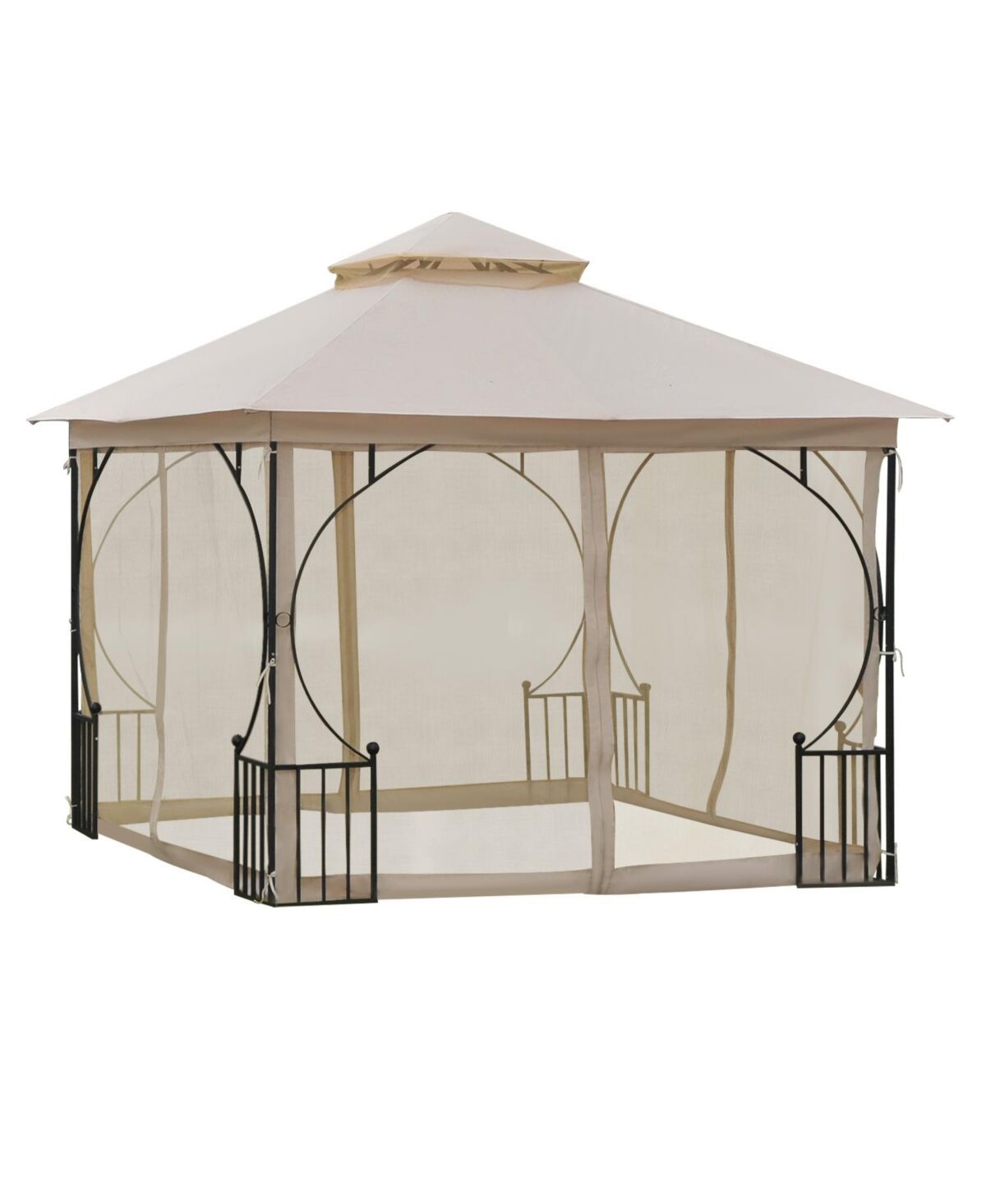Outsunny 10' x 10' Patio Gazebo, Outdoor Canopy Pavilion with Mesh Netting Sidewalls, 2-Tier Polyester Roof, & Steel Frame, Beige - Beige/khaki