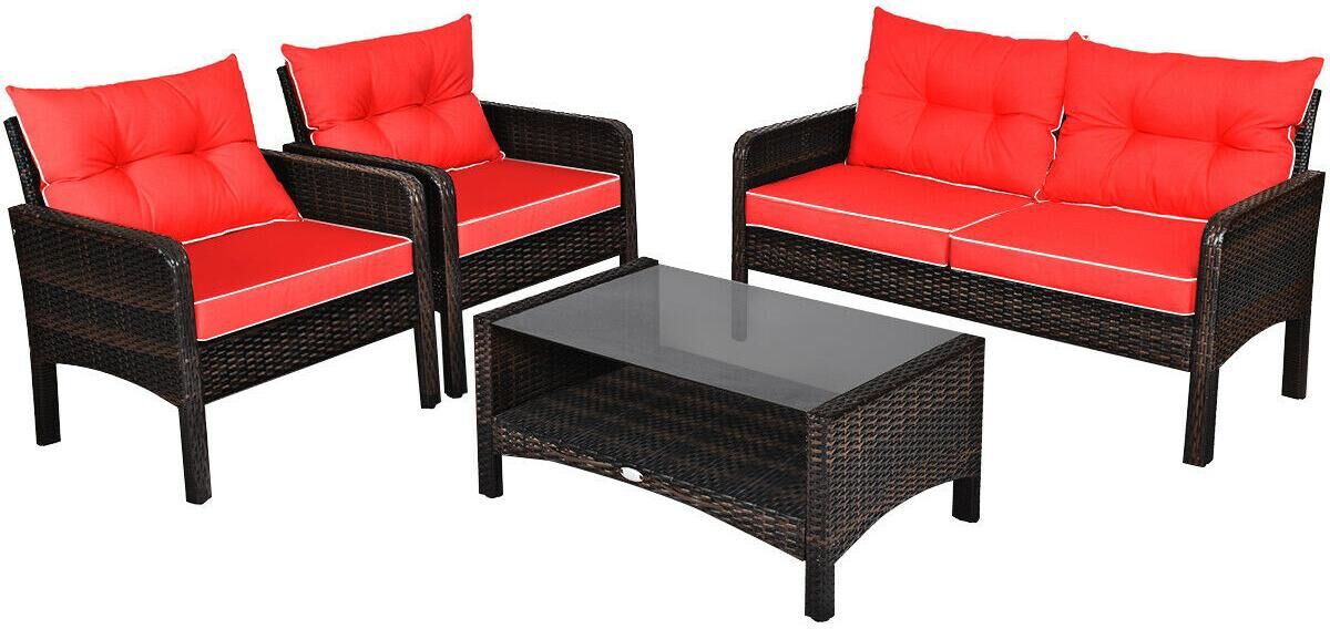 Costway 4PCS Patio Rattan Furniture Set Loveseat Sofa Coffee Table Garden - Red