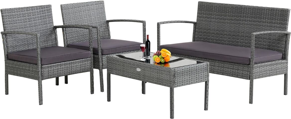 Costway 4 Pcs Outdoor Rattan Furniture Set Patio Conversation Sofa Set - Grey