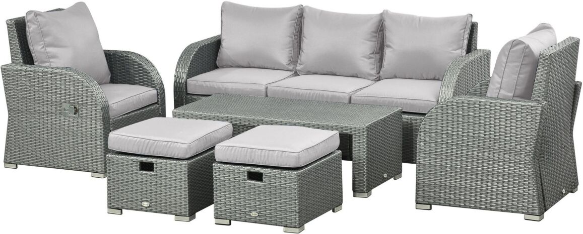 Outsunny 6-Piece Outdoor Rattan Patio Sectional Sofa Set with 3-Seat Couch, 2 Recliners, 2 Ottoman Footrests, & Coffee Table Conversation Set, Light G