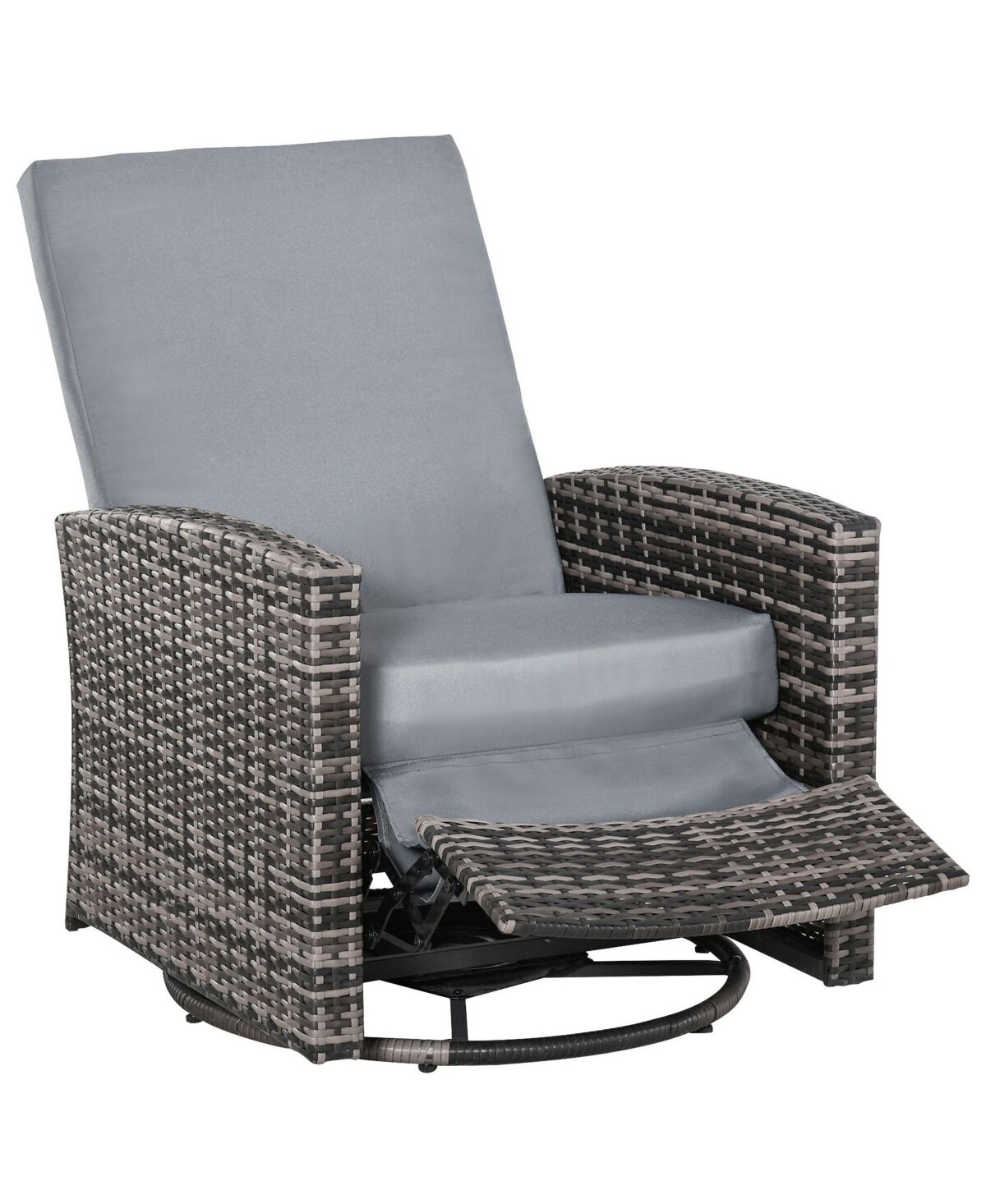 Outsunny Outdoor Wicker Swivel Recliner Chair, Reclining Backrest, Lifting Footrest, 360° Rotating Basic, Water Resistant Cushions for Patio, Grey - G