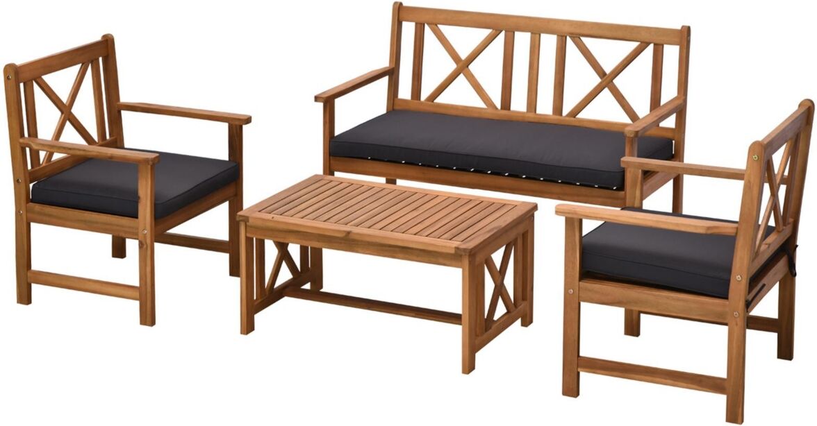 Outsunny 4 Piece Acacia Wood Outdoor Patio Furniture Set with 2 Armchairs, 1 Sofa, & 1 Coffee Table, Cushions Included - Teak/grey