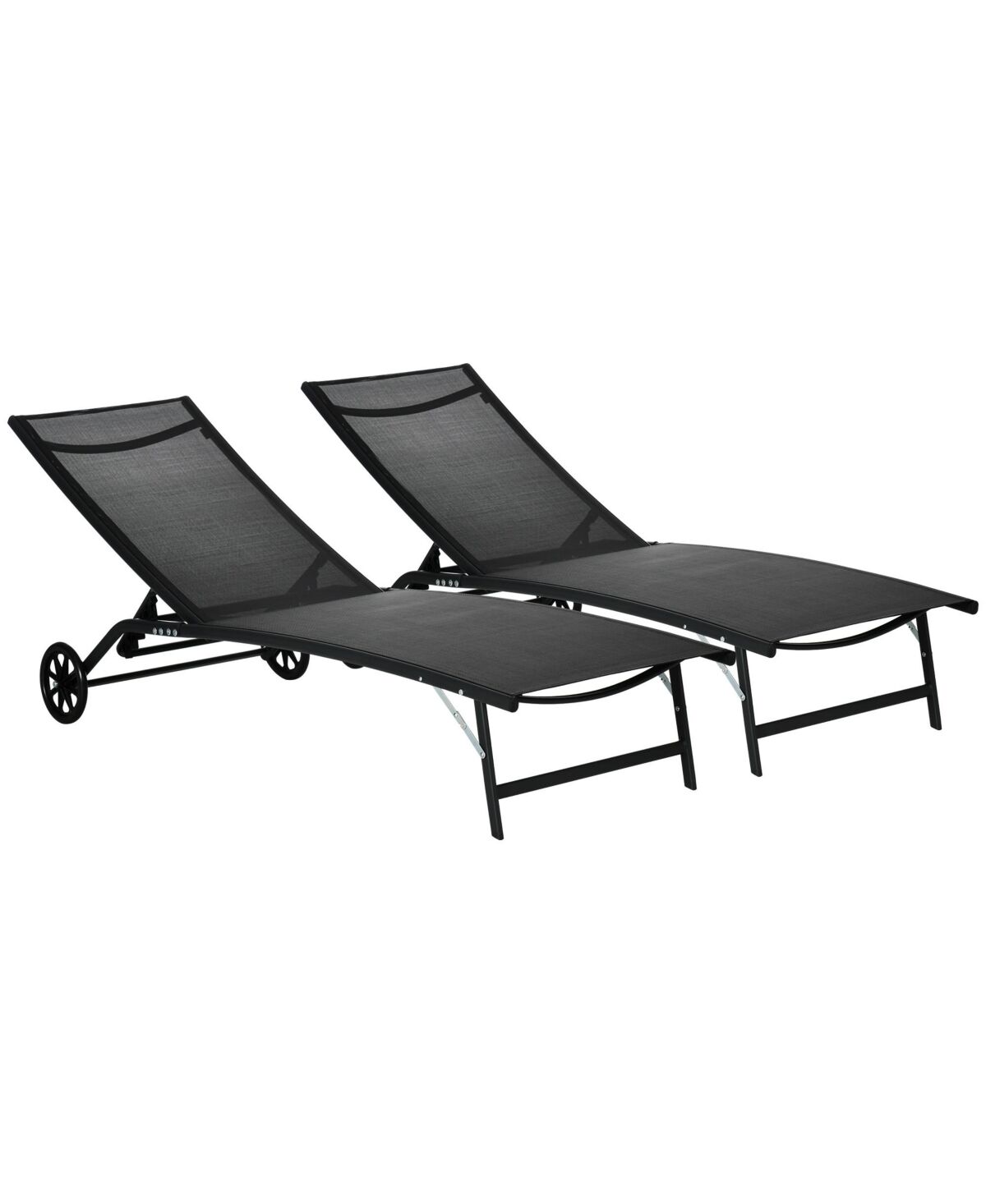 Outsunny Patio Chaise Lounge Chair Set of 2, 2 Piece Outdoor Recliner with Wheels, 5 Level Adjustable Backrest for Garden, Deck & Poolside, Black - Bl