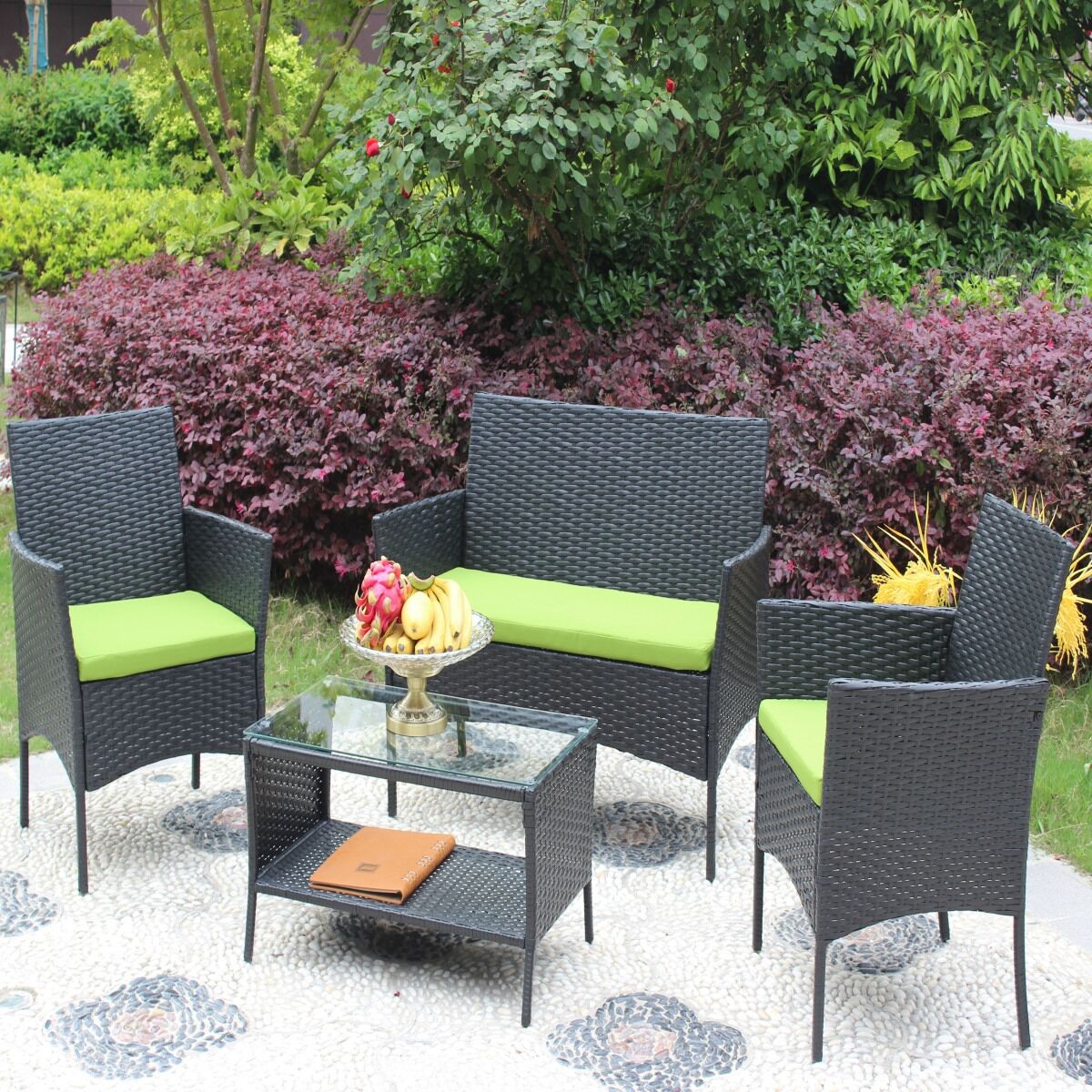 Simplie Fun 4 Pc Rattan Patio Furniture Set Outdoor Patio Cushioned Seat Wicker Sofa (green Cushion) - Black