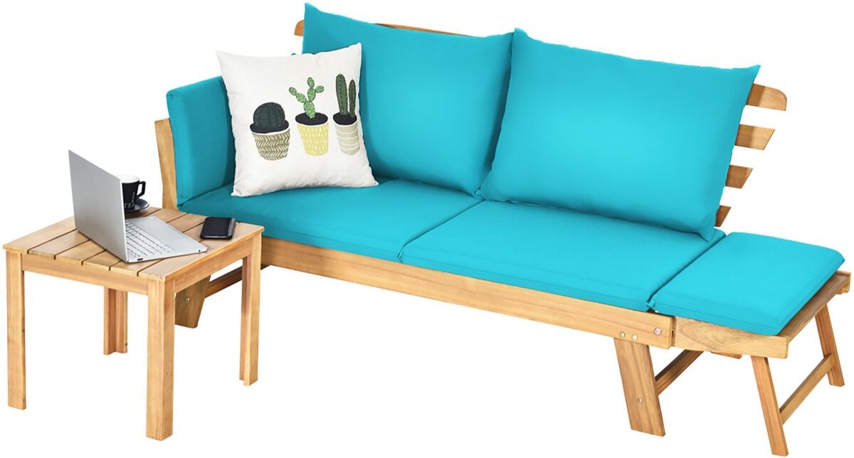 Costway Patio Convertible Sofa Daybed Solid Wood Adjustable Thick Cushion - Turquoise