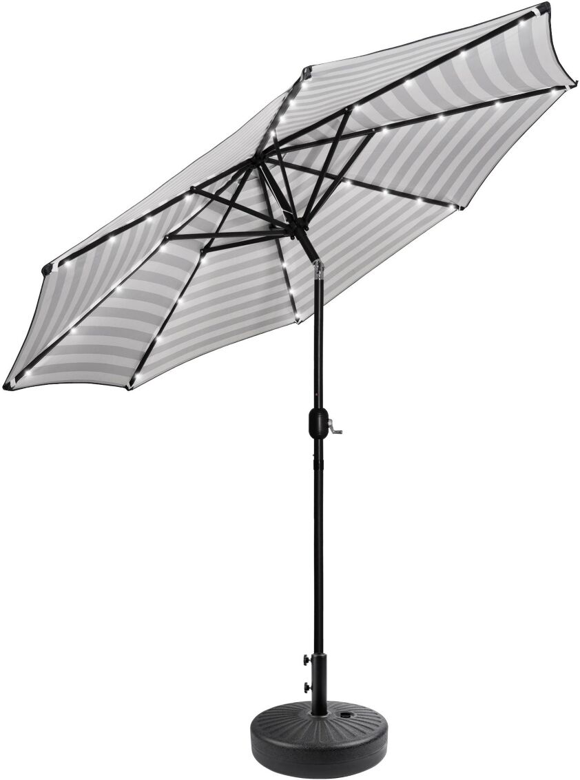 WestinTrends 9 ft. Patio Solar Power Led lights Market Umbrella with Black Round Base - Gray White Stripe