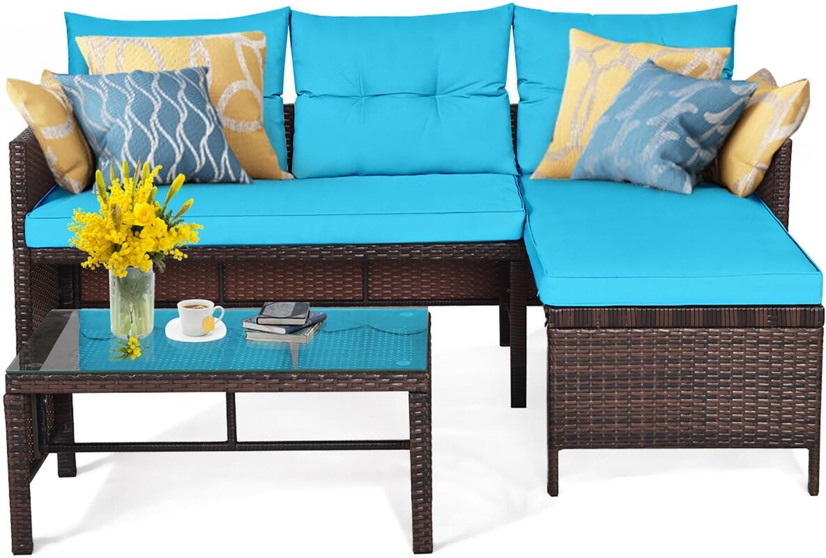 Costway 3PCS Patio Wicker Rattan Sofa Set Outdoor Sectional Conversation Set - Turquoise, Aqua