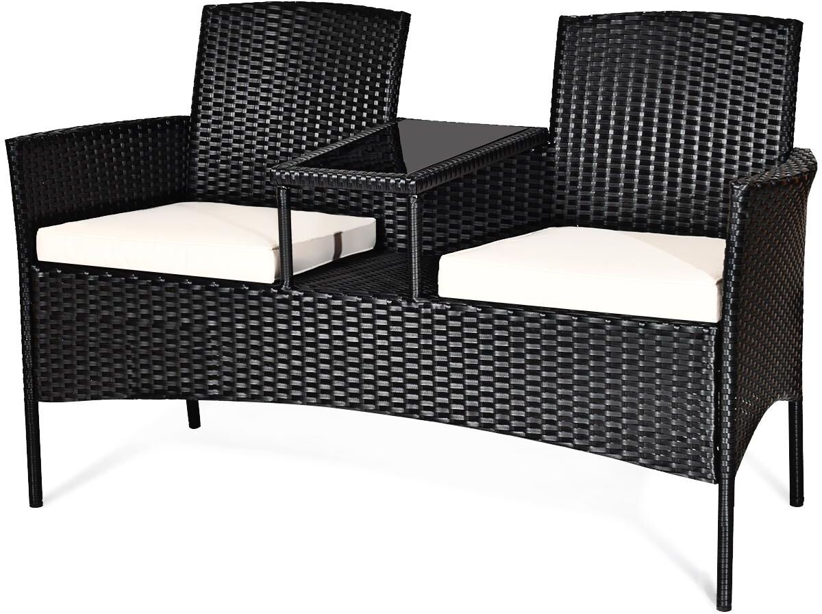 Costway Patio Rattan Conversation Set Seat Sofa Cushioned Loveseat Glass Table Chairs - White