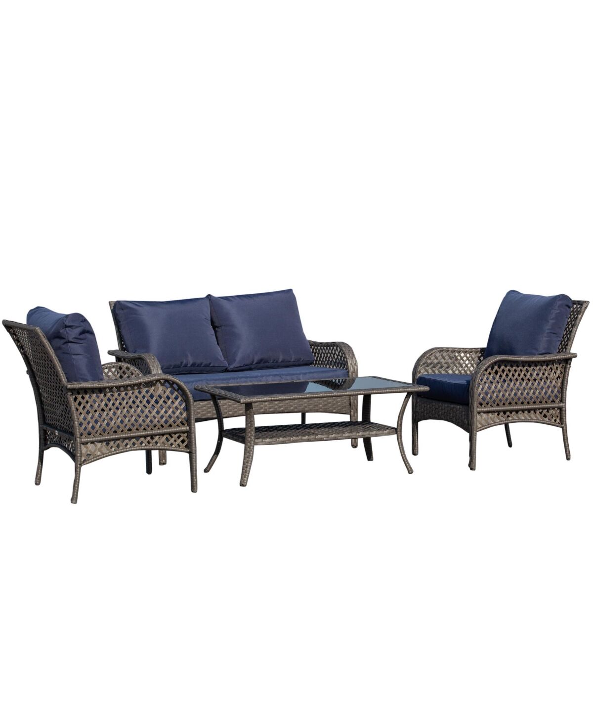 Outsunny 4-Piece Outdoor Wicker Sofa Set, Outdoor Pe Rattan Conversation Furniture with 4 Chairs & Table, Water-Fighting Material, Blue - Blue