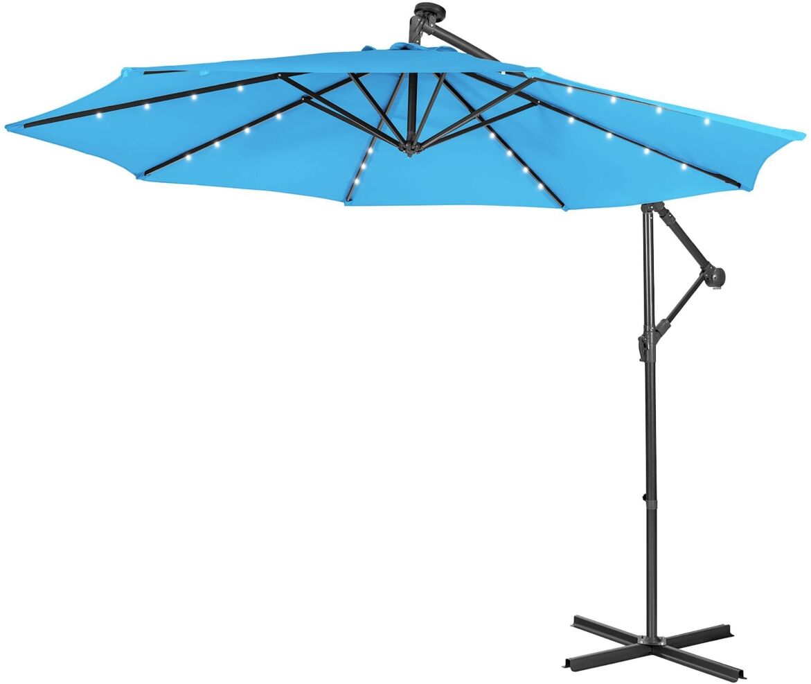 Costway 10FT Cantilever Solar Powered 32LED Lighted Patio Offset Umbrella Outdoor - Blue