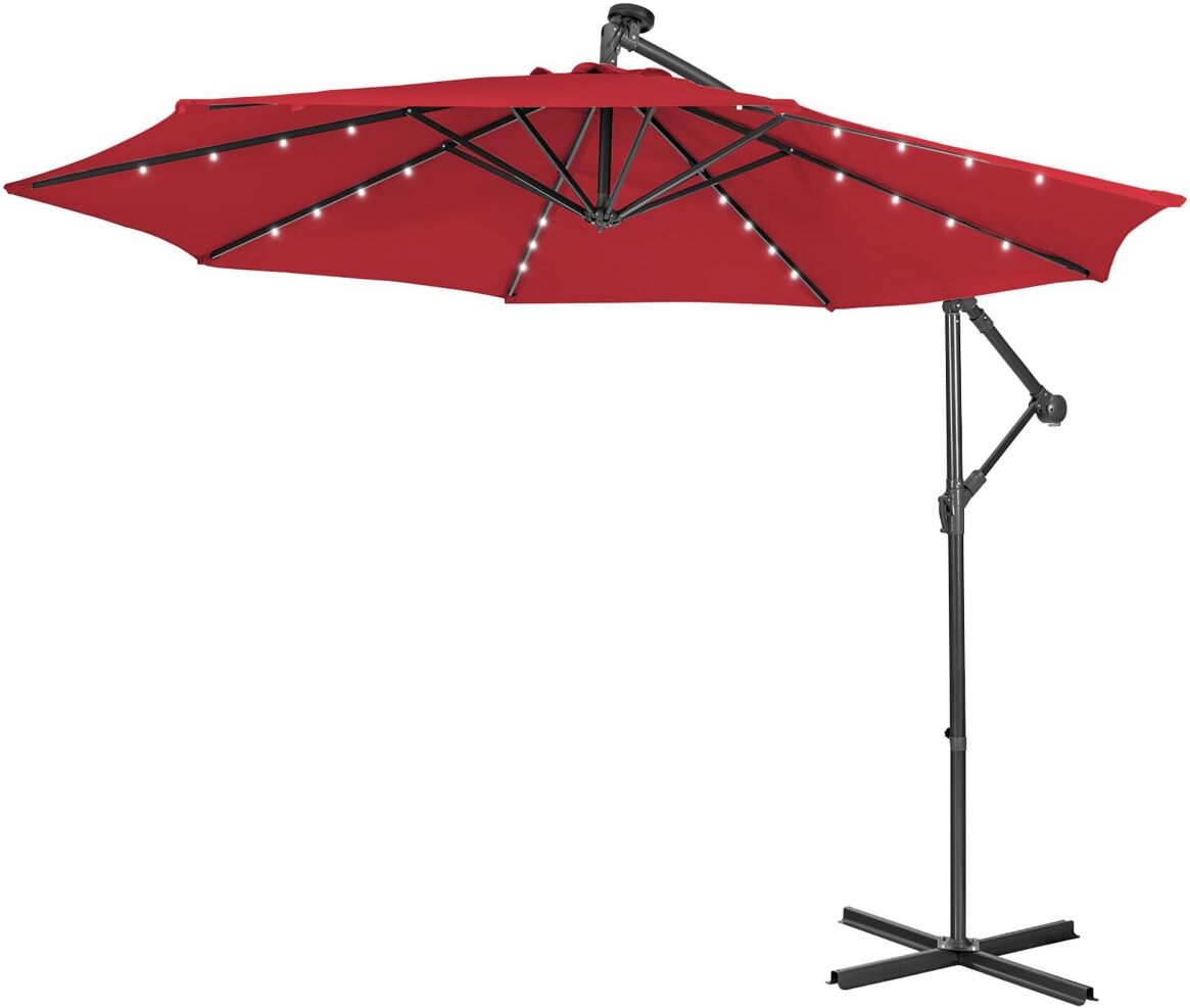 Costway 10FT Cantilever Solar Powered 32LED Lighted Patio Offset Umbrella Outdoor - Red