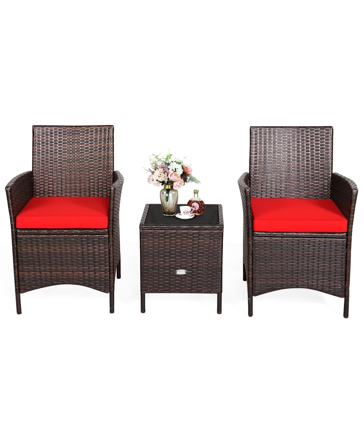 Costway 3PCS Patio Rattan Furniture Set Cushioned Sofa Glass Tabletop Deck - Red