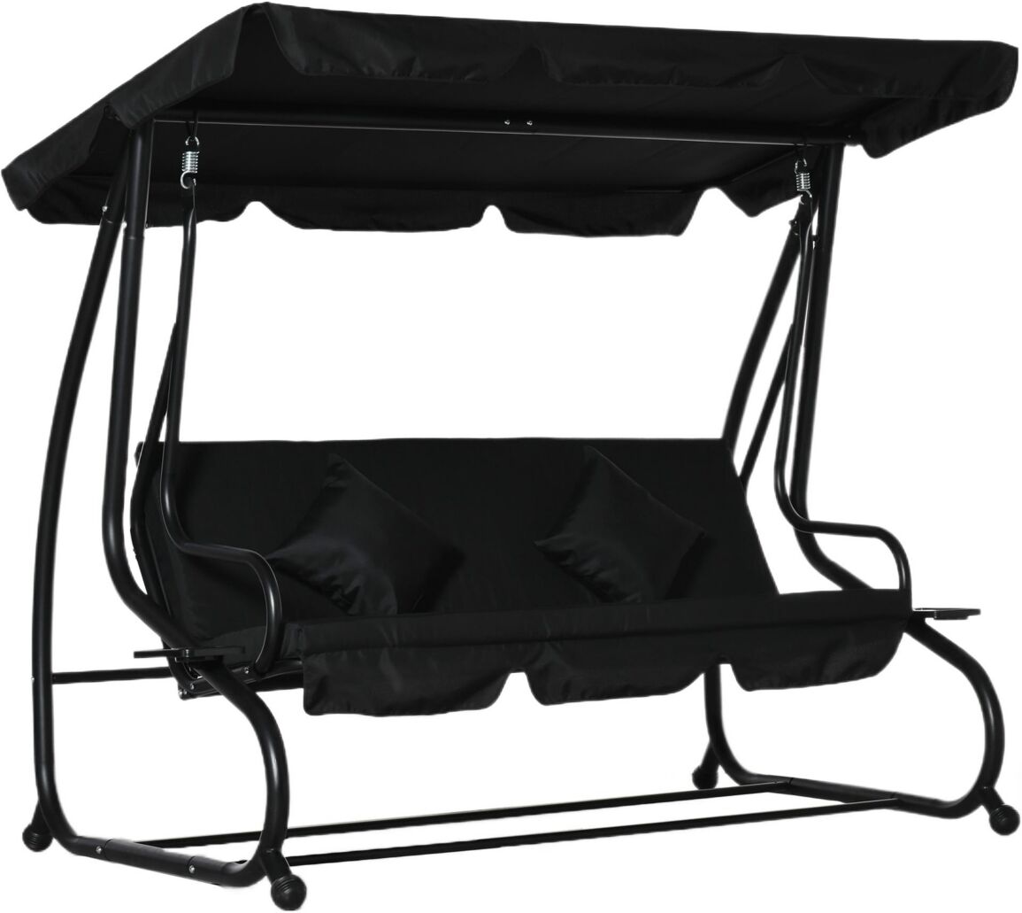 Outsunny 3 Seat Outdoor Free Standing Swing Bench Porch Swing with Stand, Comfortable Cushioned Fabric & Included Canopy, Black - Black