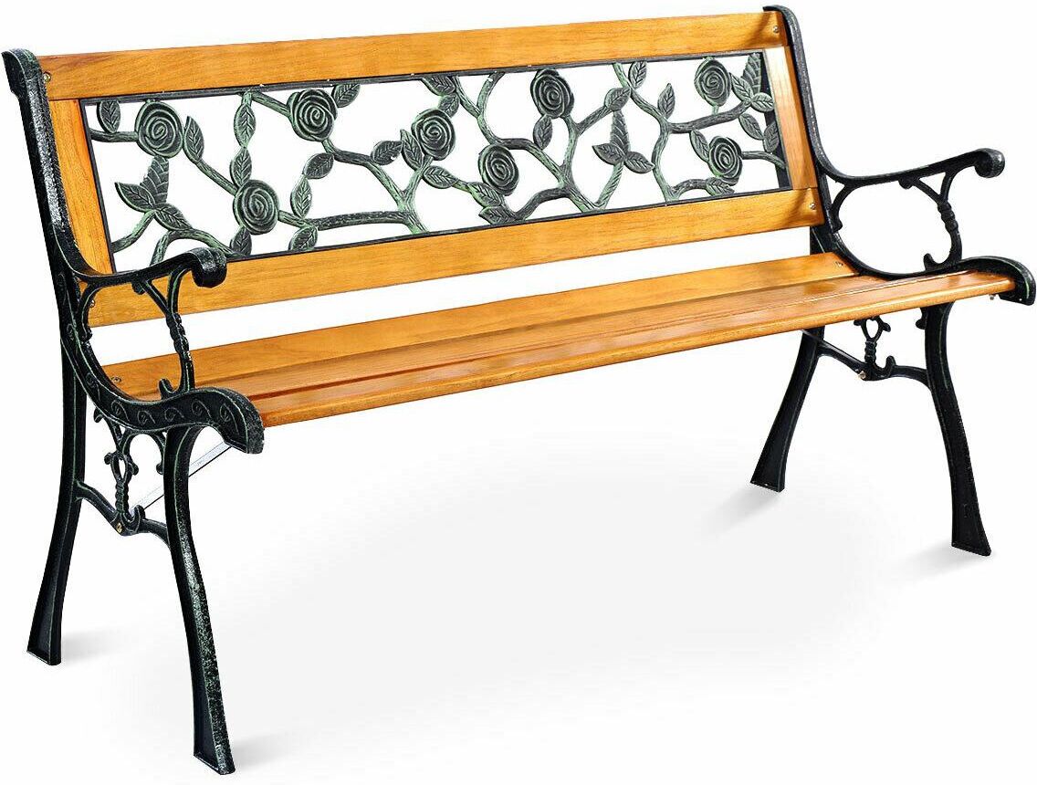 Costway Patio Park Garden Bench Porch Chair Outdoor Deck Cast Iron Hardwood Rose - Yellow