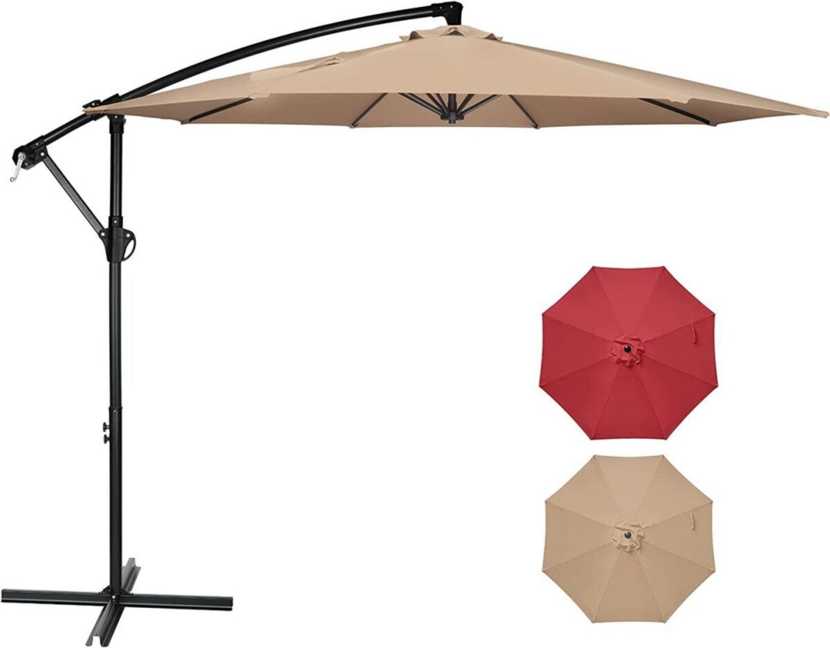 Simplie Fun 10FT Offset Umbrella Cantilever Patio Hanging Umbrella Outdoor Market Umbrella with Crank & Cross Base Suitable for Garden, Lawn, backyard and Deck, T