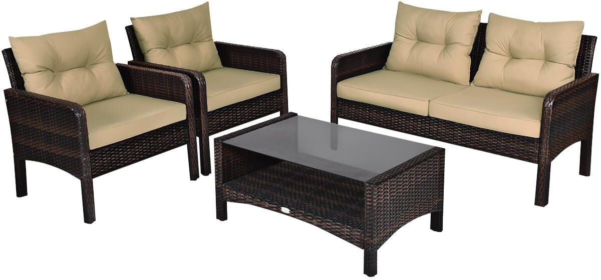 Costway 4PCS Patio Rattan Furniture Set Loveseat Sofa Coffee Table Garden - Beige Khaki