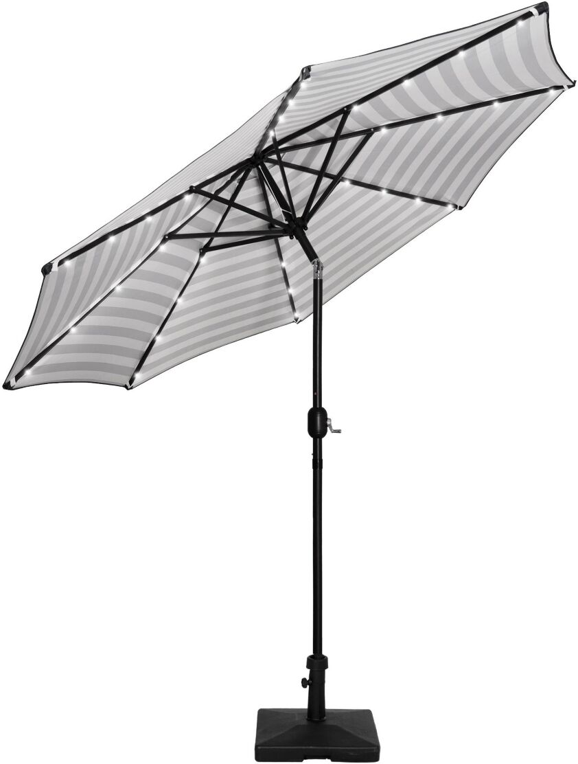 WestinTrends 9 ft. Patio Solar Power Led lights Market Umbrella with Weight Base - Gray/white Stripe