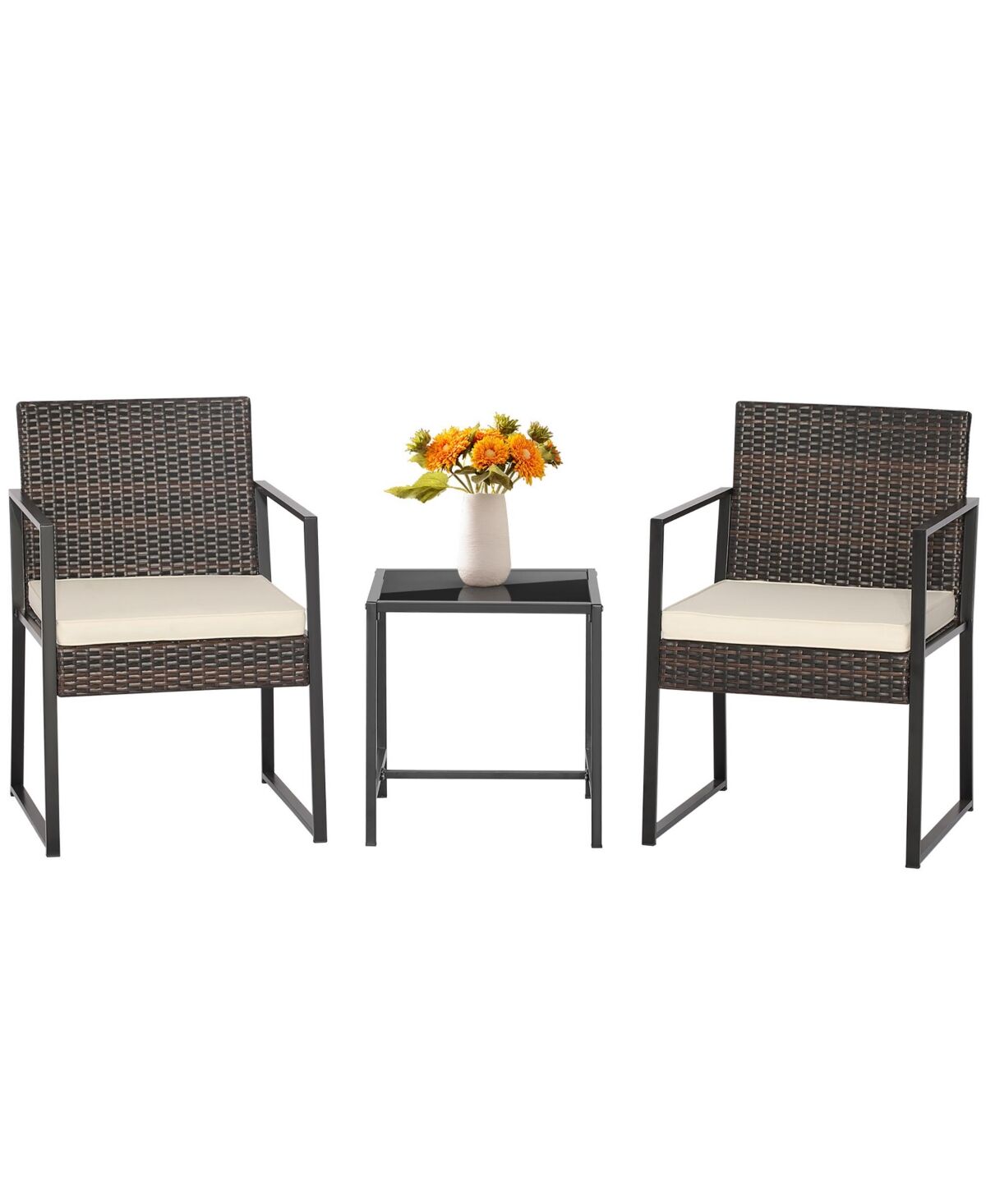 Costway 3pcs Patio Furniture Set Heavy Duty Cushioned Wicker Rattan Chairs Table - White