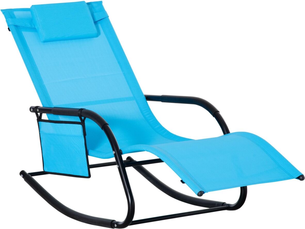 Outsunny Outdoor Rocking Chair, Patio Sling Sun Lounger, Pocket, Recliner Rocker, Lounge Chair with Detachable Pillow for Deck, Garden, or Pool, Blue