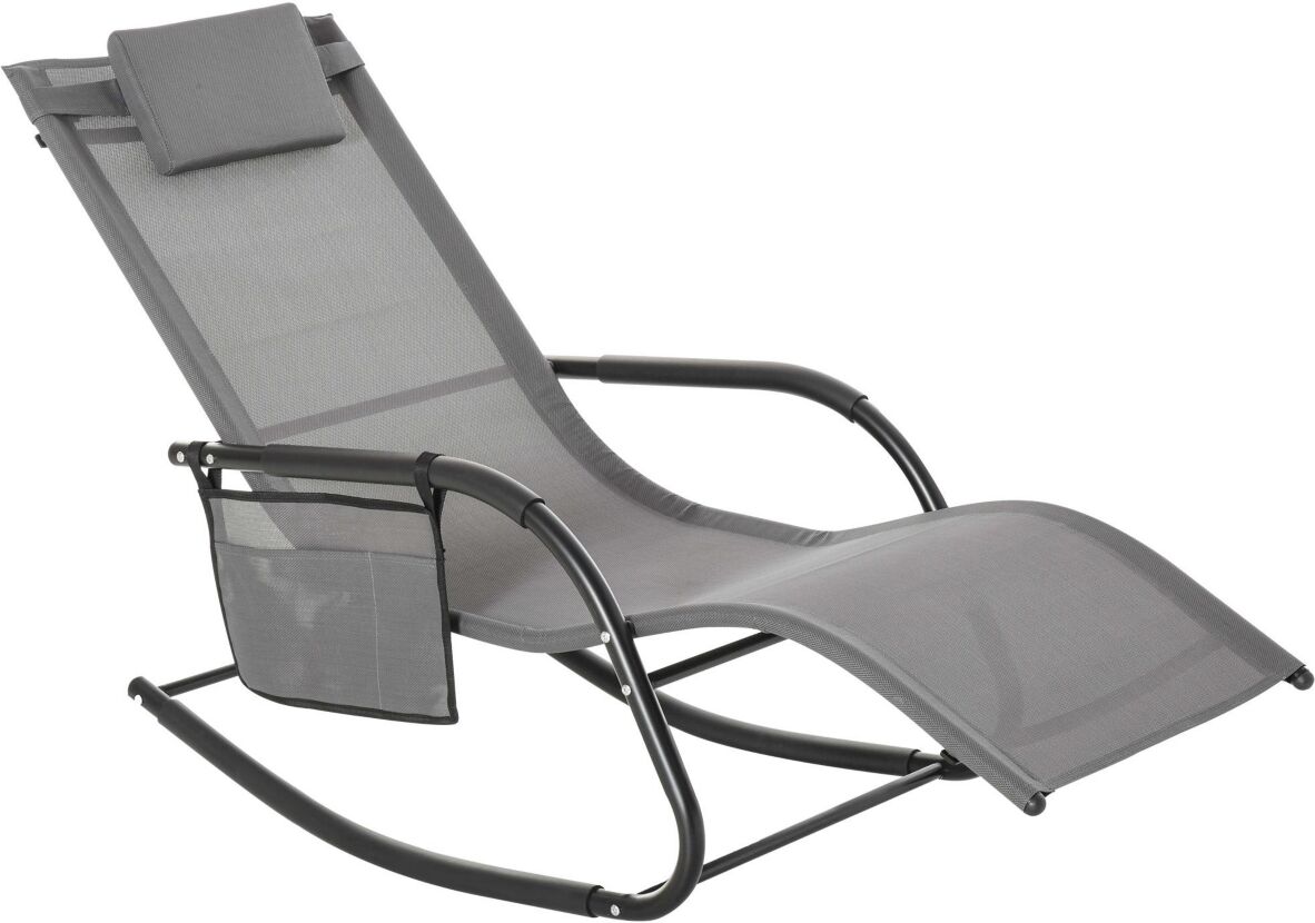 Outsunny Outdoor Rocking Chair, Patio Sling Sun Lounger, Pocket, Recliner Rocker, Lounge Chair with Detachable Pillow for Deck, Garden, or Pool, Grey