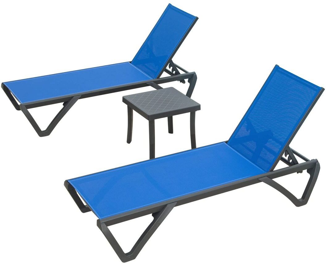 Simplie Fun Patio Chaise Lounge Chair Set of 3,Outdoor Aluminum Polypropylene Sunbathing Chair with 5 Adjustable Position, Side Table for Beach, Yard, Balcony, Po