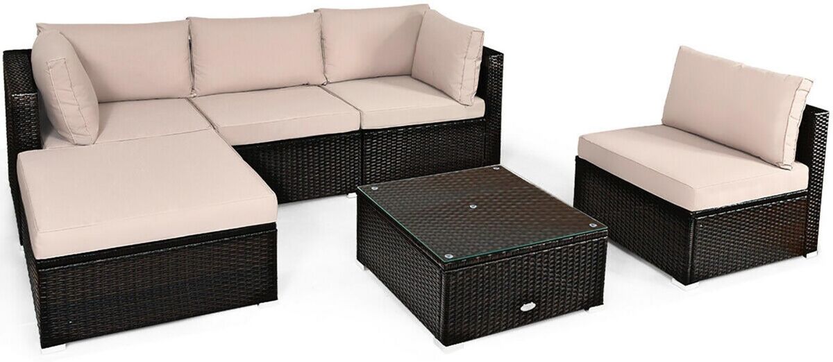 Costway 6PCS Outdoor Patio Rattan Furniture Set Cushioned Sectional Sofa - Beige Khaki