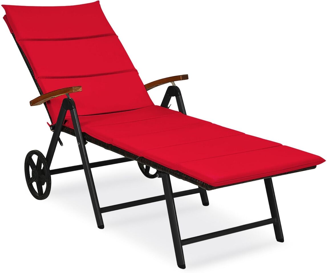 Costway Folding Patio Rattan Lounge Chair Cushioned Aluminum w/ Wheel - Red