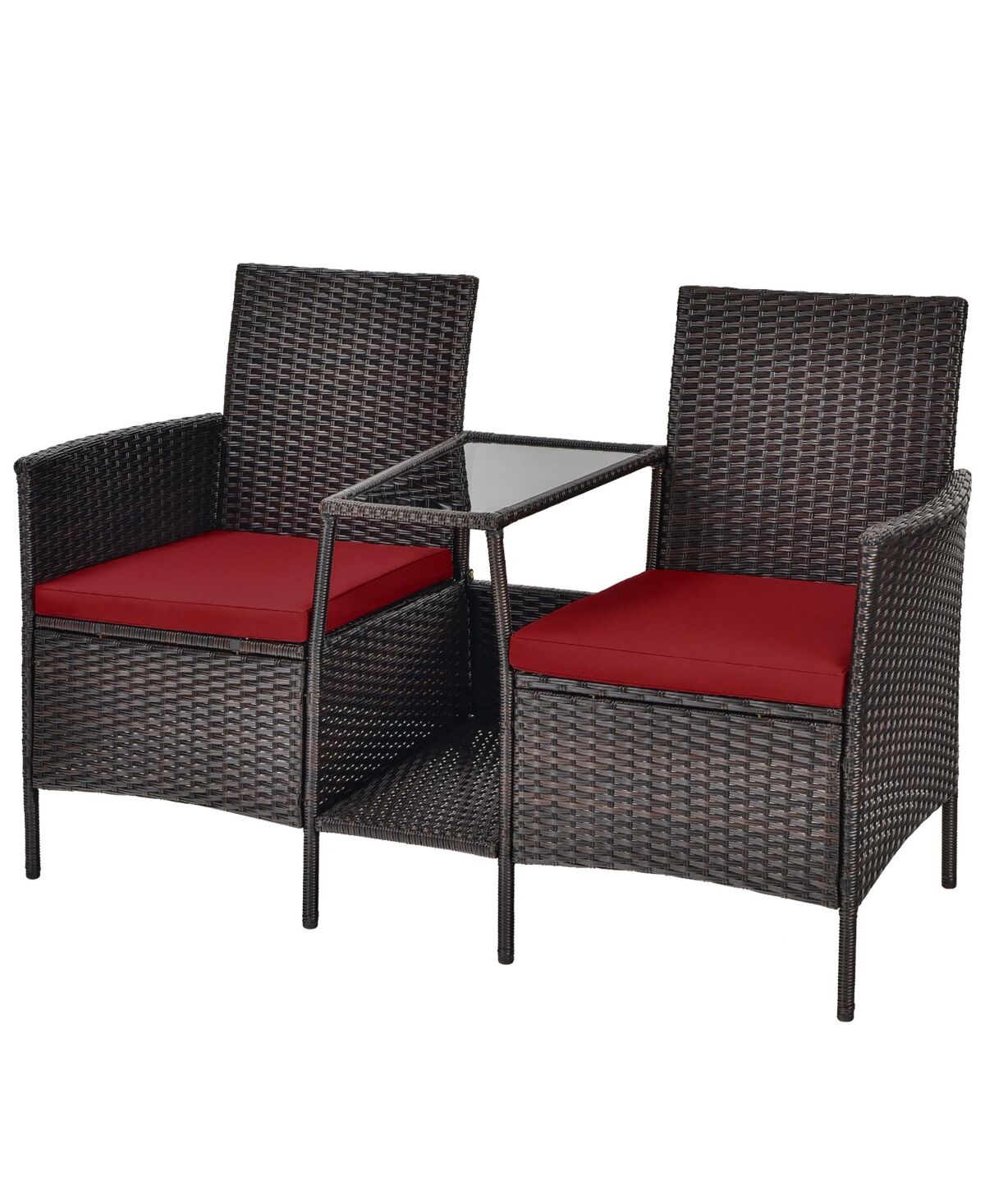 Costway Patio Rattan Wicker Conversation Set Sofa Cushioned Loveseat Glass Table - Red